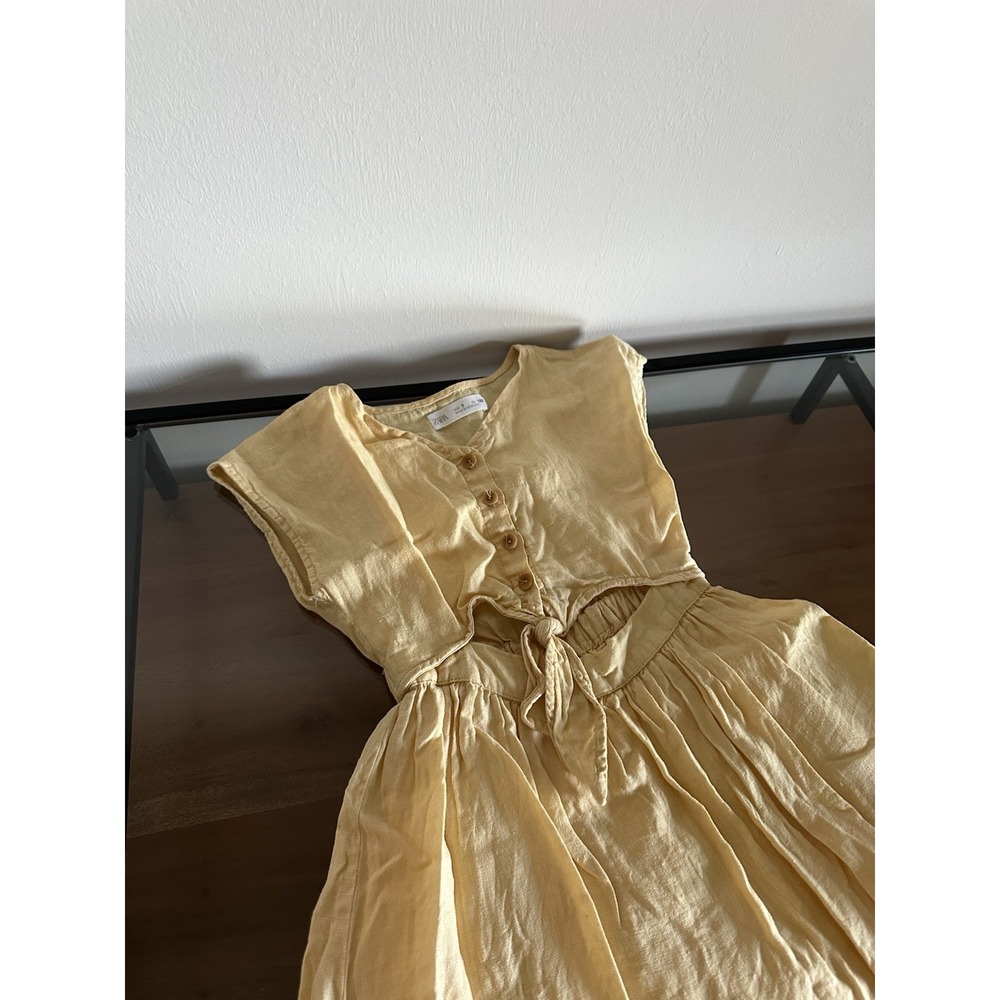 Zara Girls 100% Linen Butter Yellow Dress With Ruched Waist Size 7